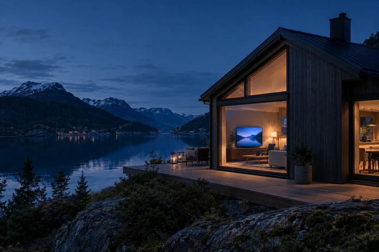 Ett trähus vid en fjord under den blå timmen, med en tv som lyser inomhus – den typ av nordiskt hem som Nord TV Stream är byggt för