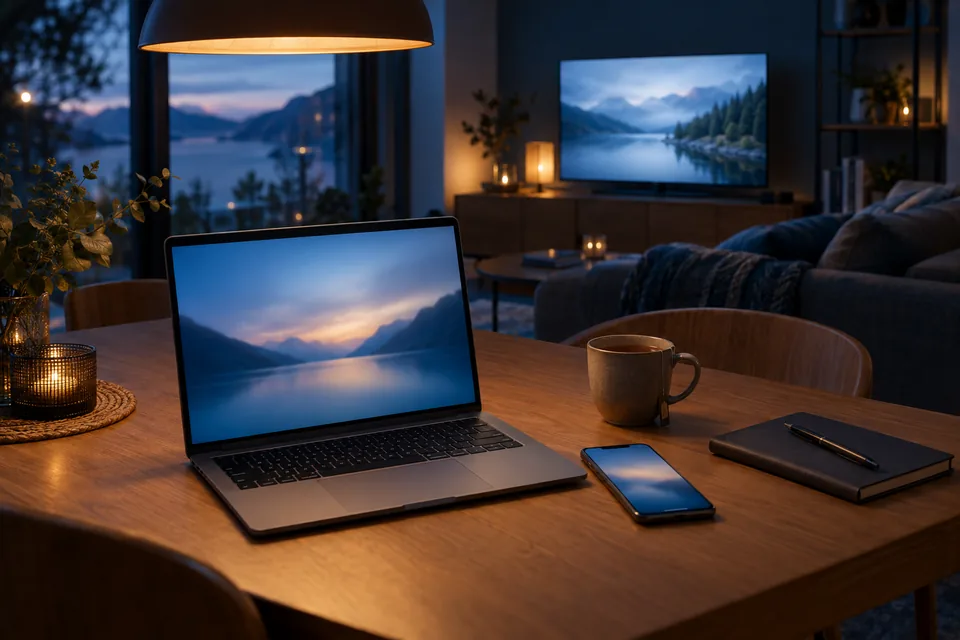 A laptop and phone on a dining table with tea and a notebook, ready to renew your IPTV subscription online