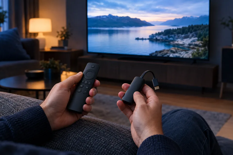 Hænder holder en fjernbetjening og en streamingstick, klar til at starte en gratis IPTV-prøveperiode, med et tv i baggrunden