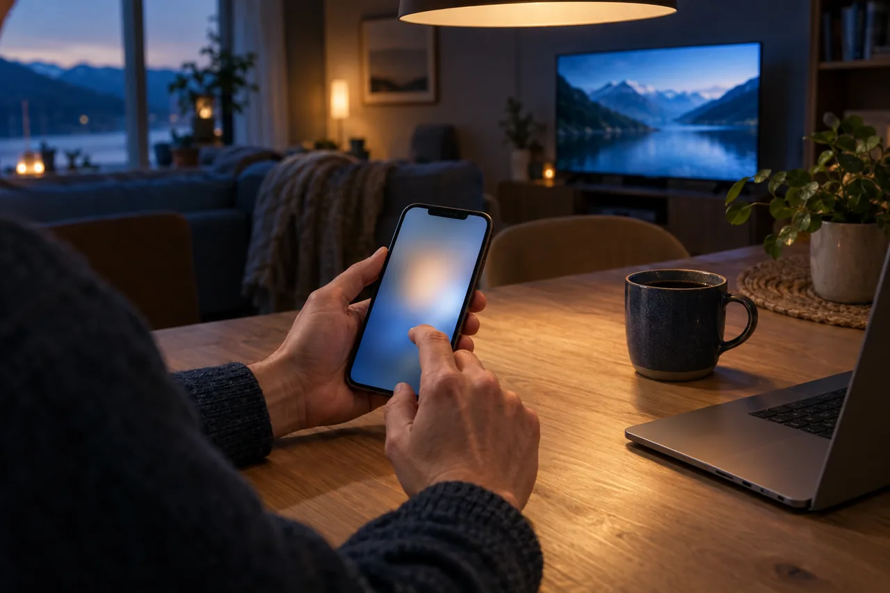 Kontakt Nord TV Stream fra køkkenbordet: hænder, der holder en telefon, med et tv i baggrunden