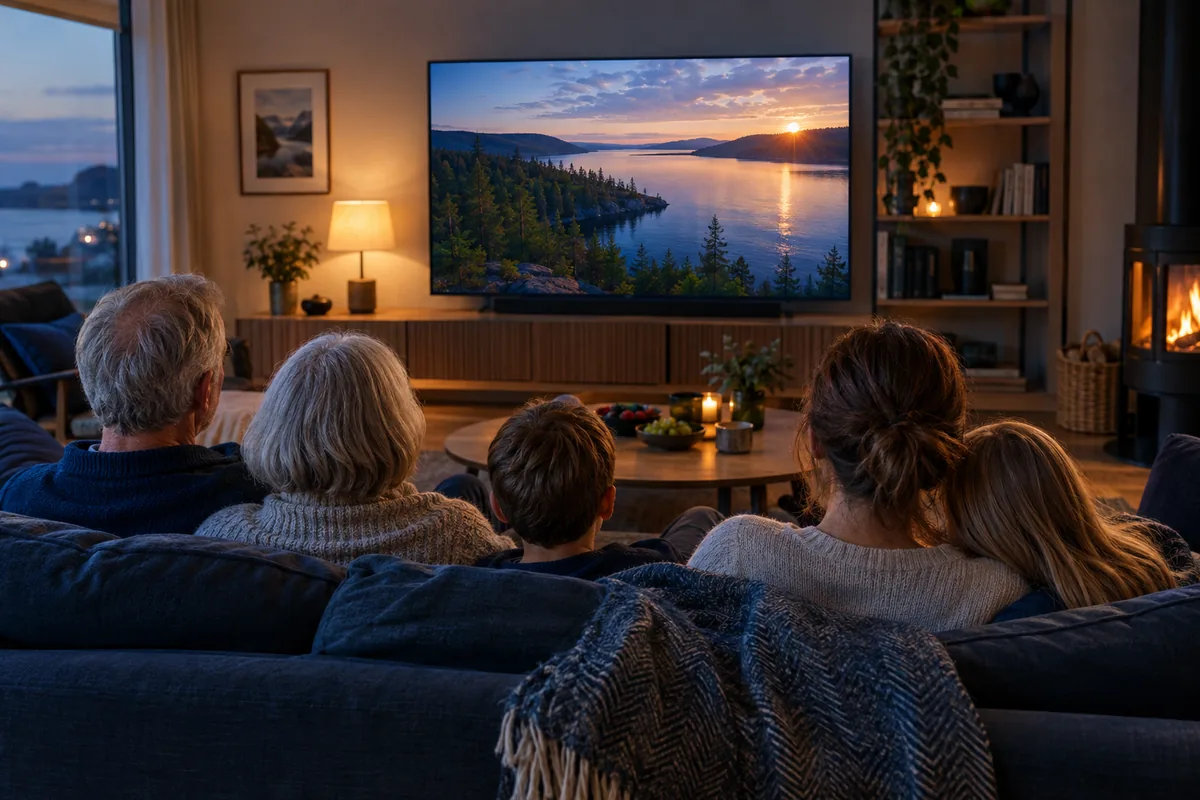 A family of three generations watching a nature scene together on the sofa at home