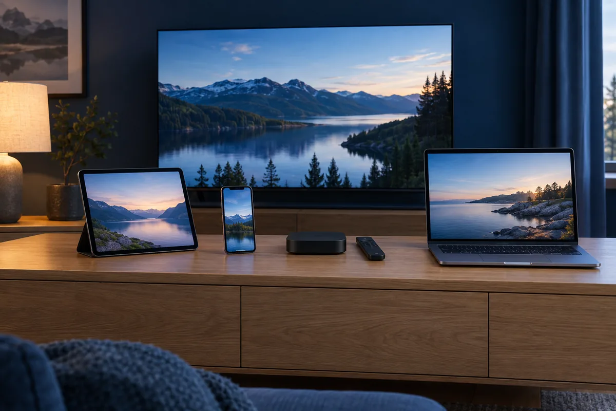 A television, tablet, smartphone, small streaming box and laptop arranged on a living-room sideboard