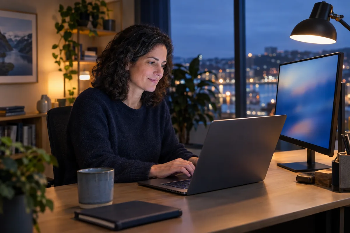 A support specialist typing a reply on a laptop at a calm office desk in the evening